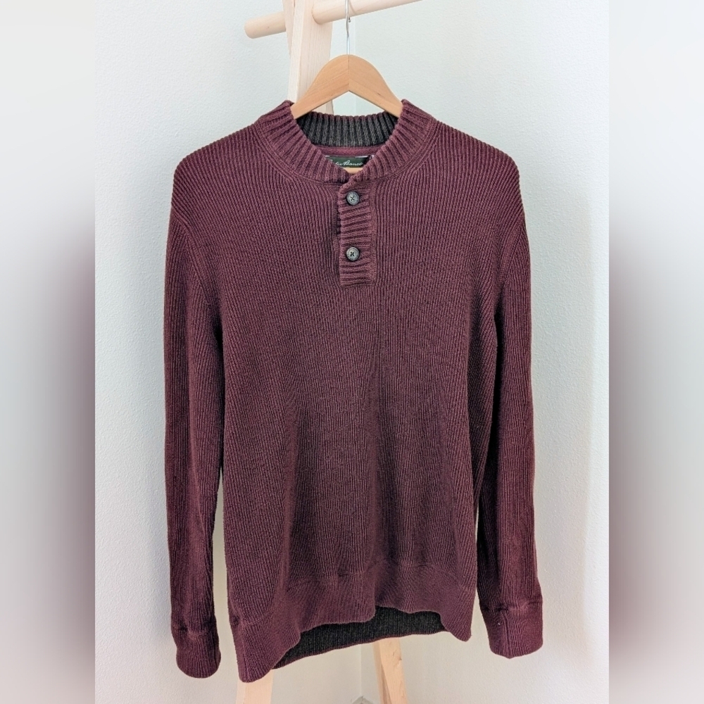 Vintage Eddie Bauer Chunky Textured Henley Crewneck Sweater In Burgandy